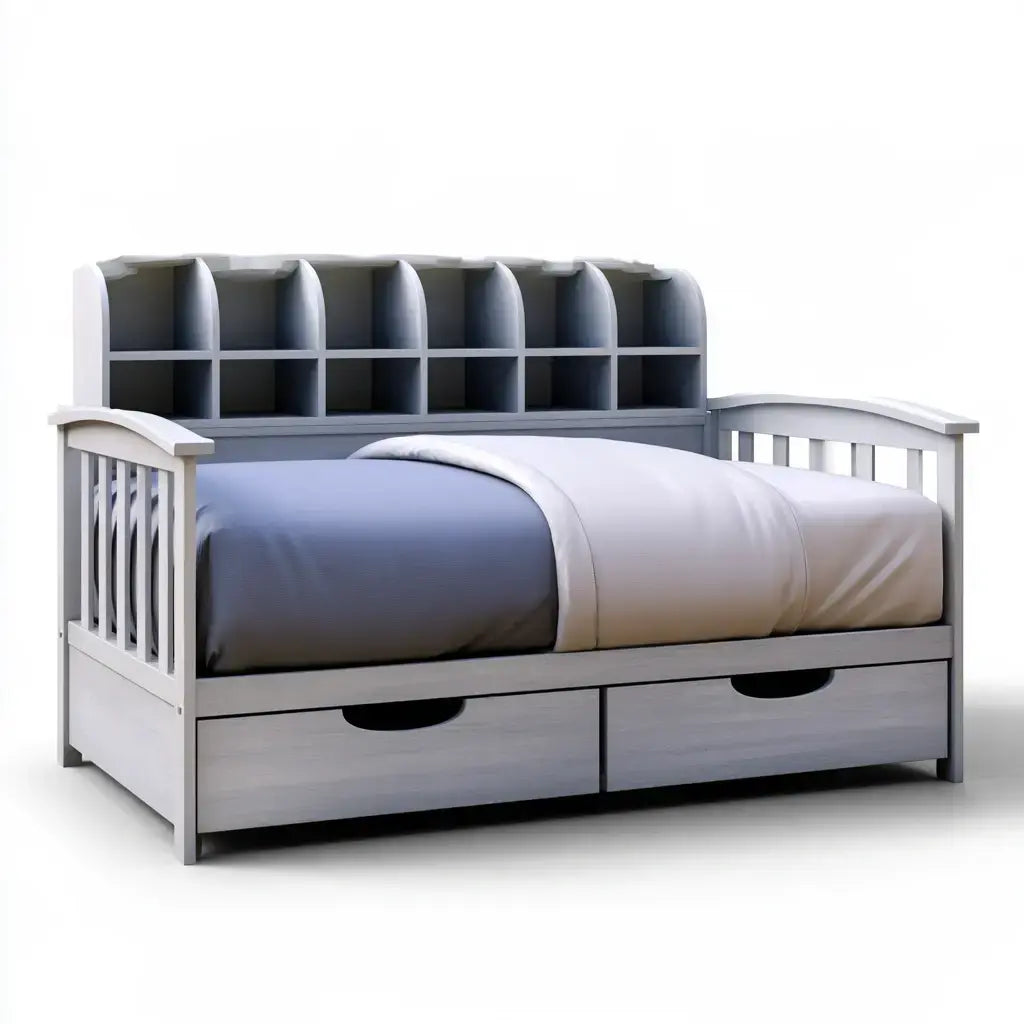 Cama con respaldo de arco y cajones bajos - blanco/azul