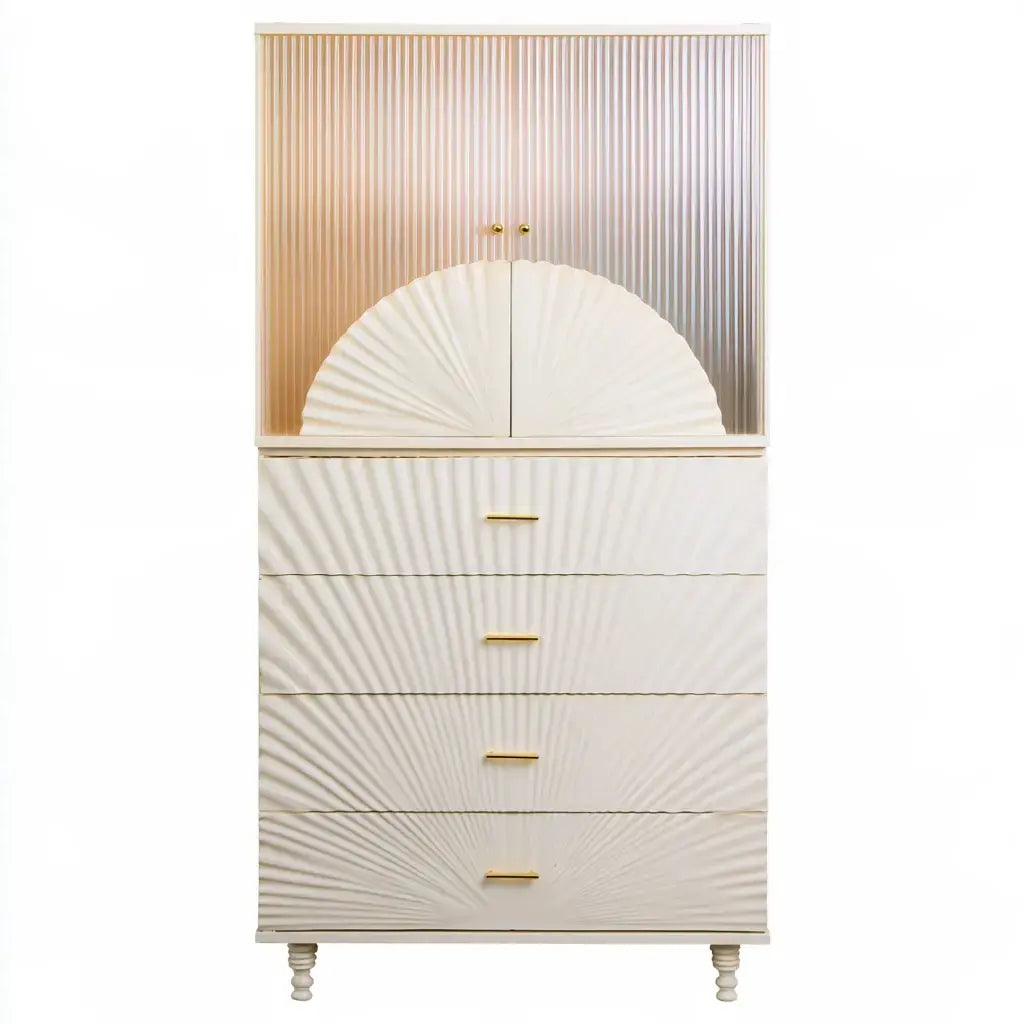 Armario con puertas decoradas y cajones anchos - beige