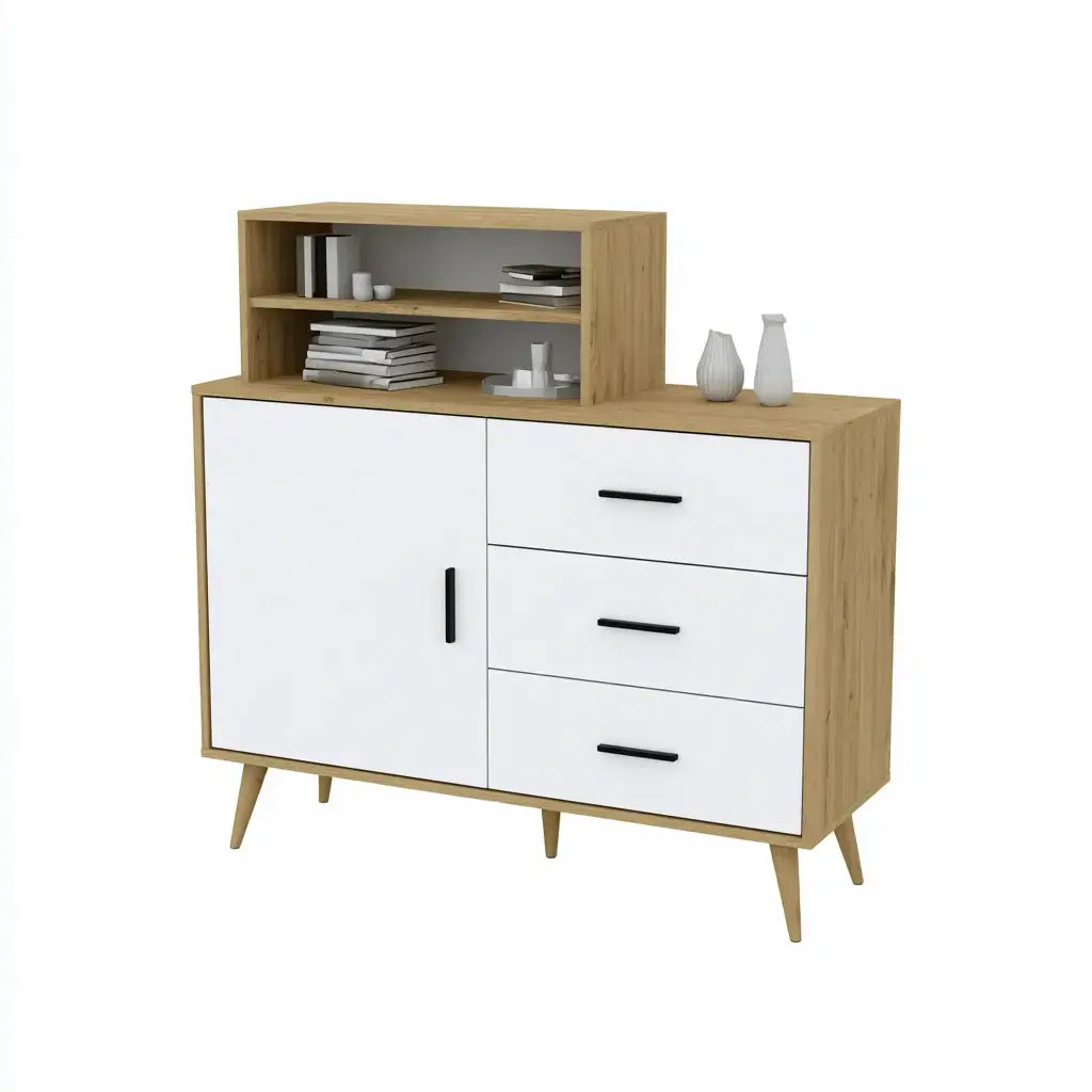 Aparador con nichos altos y cajones laterales - beige/blanco