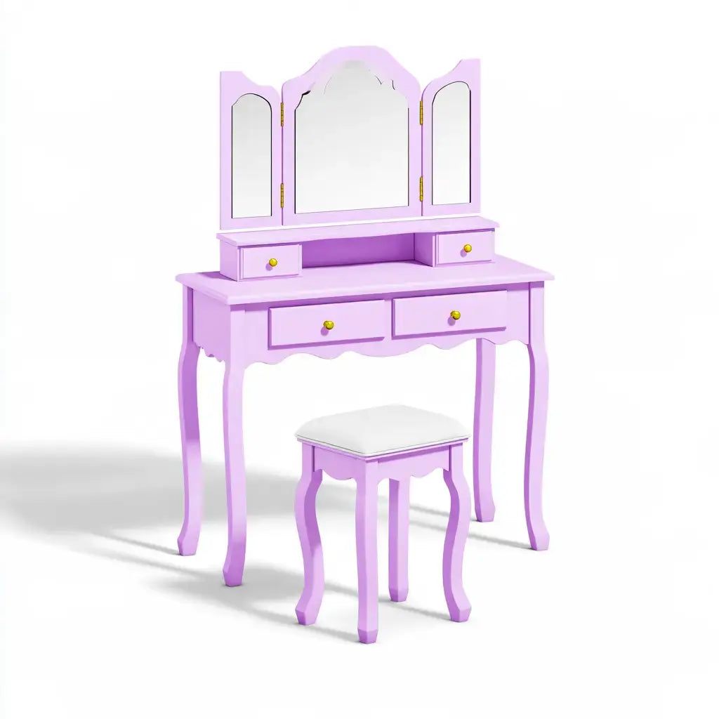 Tocador con espejo triple y taburete - morado